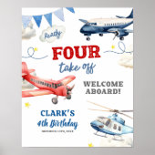 飛行機テーマの男の子の4歳の誕生日ウェルカムサイン ポスター (正面)