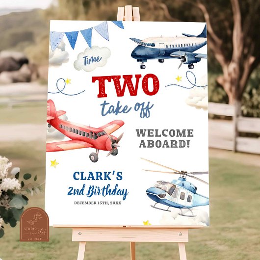 飛行機テーマの男の子2歳の誕生日ウェルカムサイン ポスター