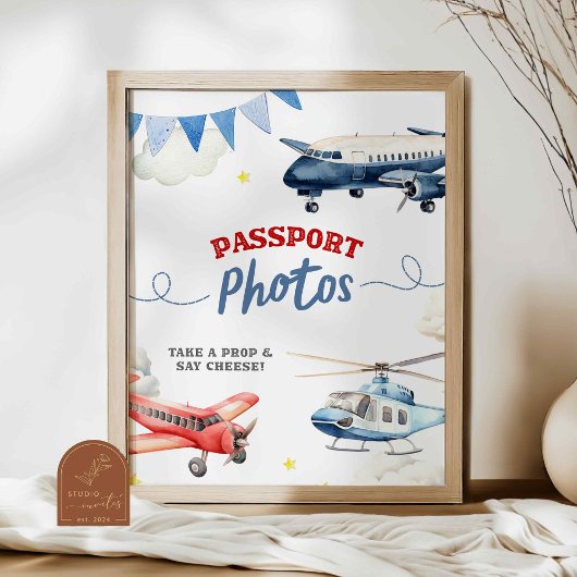 飛行機テーマの誕生日パスポート写真カスタムサイン ポスター