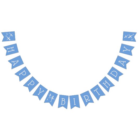 飛行機ハッピーバースデーブルーグレーパーティーデコール バンティングフラッグ (全)
