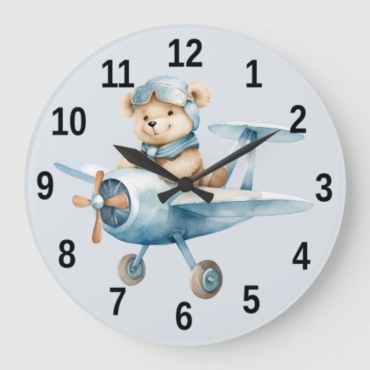 飛行機ハッピーブルーベアパイロット ラージ壁時計 (正面)