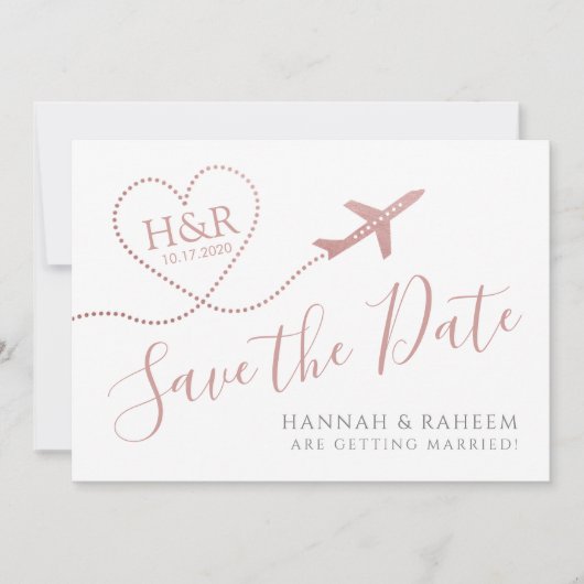 飛行機ハートピンクかわいい目的地の結婚式 セーブザデート (正面)