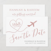 飛行機ハートピンクかわいい目的地の結婚式 セーブザデート (正面/裏面)