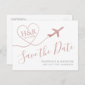 飛行機ハートピンクの目的地のウェディング救デート 案内ポストカード (正面/裏面)