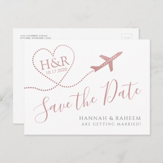 飛行機ハートピンクの目的地のウェディング救デート 案内ポストカード (正面/裏面)