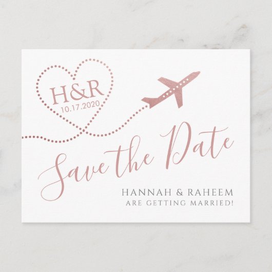 飛行機ハートピンクの目的地のウェディング救デート 案内ポストカード (正面)