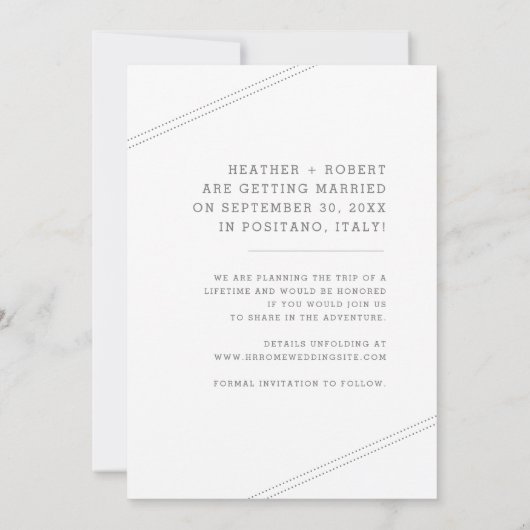 飛行機ハートモノグラム目的地のウェディングフォト セーブザデート (裏面)