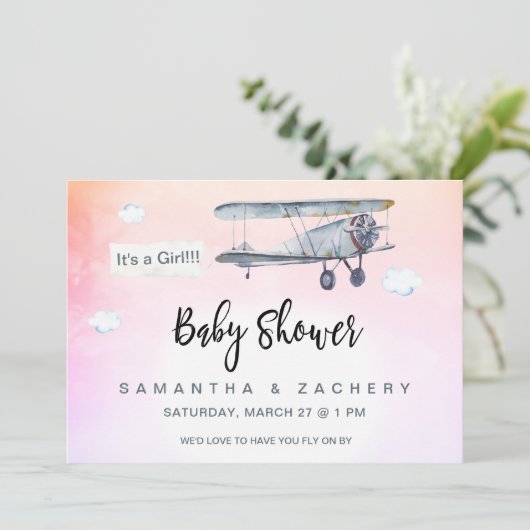 *~*飛行機バナーヴィンテージクラウドベビーガールシャワー 招待状 (スタンド正面)