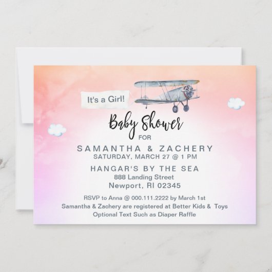 *~*飛行機バナーヴィンテージクラウドベビーガールシャワー 招待状 (裏面)