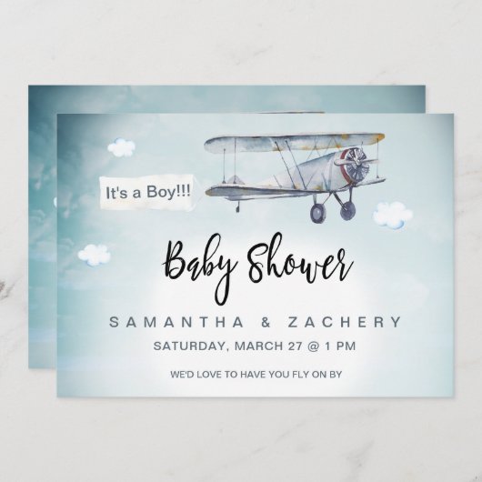 *~*飛行機バナーヴィンテージクラウド男の赤ちゃんシャワー 招待状 (正面/裏面)