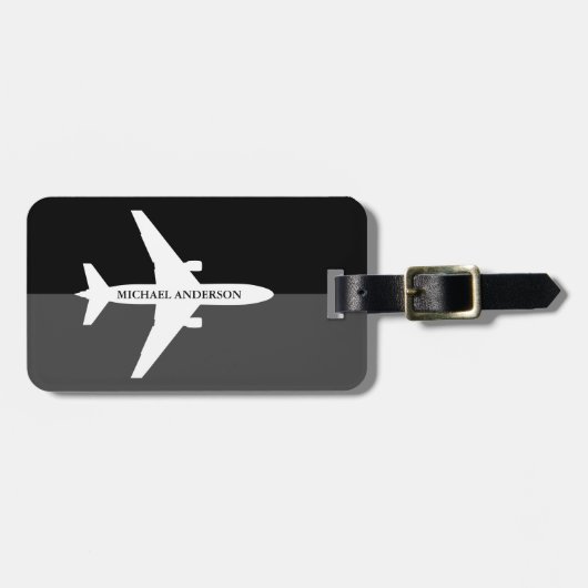 飛行機パイロットフライト黒とグレーの名旅行 ラゲッジタグ (正面横)