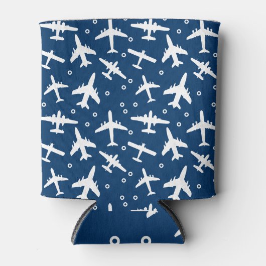 飛行機パターン（の模様が）あるの青と白 缶クーラー (正面)