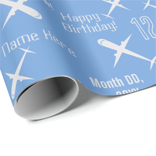 飛行機パーソナライズされたおもしろいキッズハッピーバースデーブルー ラッピングペーパー (ロールコーナー)