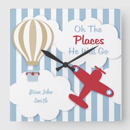 飛行機パーソナライズされたベビー&キッズウォールクロック スクエア壁時計 (正面)
