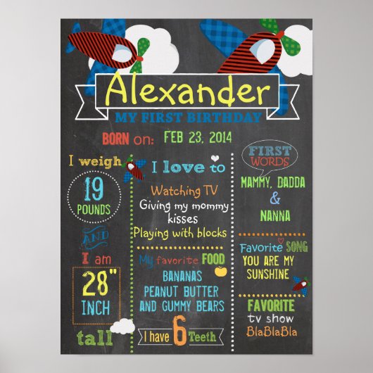 飛行機パーティーの最初の誕生日のサインのポスター ポスター (正面)