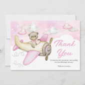 飛行機ピンクテディベア赤ちゃんシャワー サンキューカード (正面)