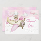 飛行機ピンクテディベア赤ちゃんシャワー サンキューカード (正面/裏面)