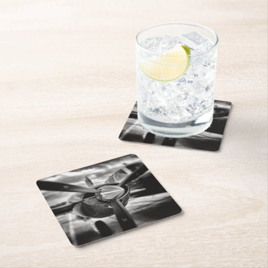 飛行機プロペラ白黒 スクエアペーパーコースター (インサイチュ)