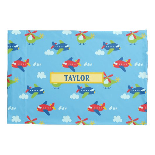 飛行機ヘリコプター雲のアートワーク、名前、スカイブルー 枕カバー (裏面)