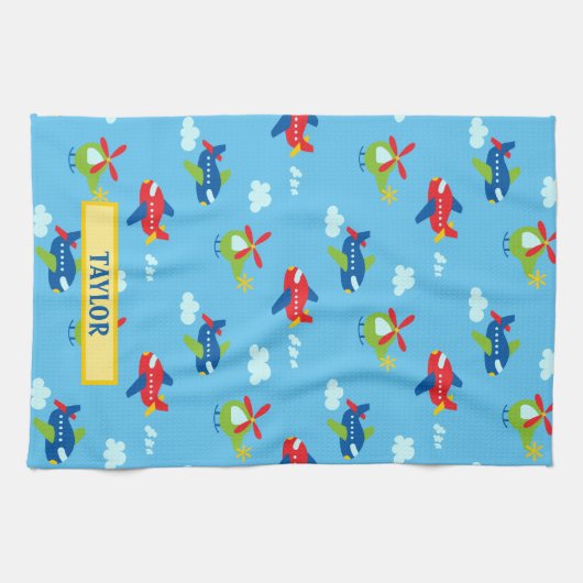 飛行機ヘリコプター雲アートワークLtスカイブルー名 キッチンタオル (横)