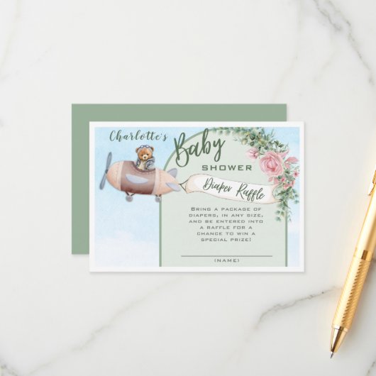 飛行機ベアパイロットベビーシャワーおむつラッフル エンクロージャーカード (正面/裏面インサイチュ)