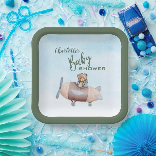 飛行機ベアパイロットベビーシャワー紙プレート ペーパープレート (パーティー)