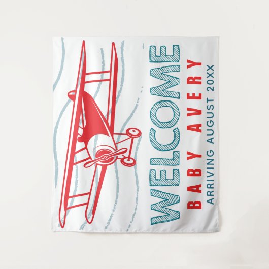 飛行機ベビーシャワーのウェルカムベイビー タペストリー (正面)