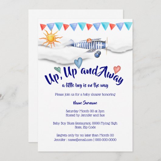 飛行機ベビーシャワーヴィンテージ旅行少年誕生 招待状 (正面/裏面)