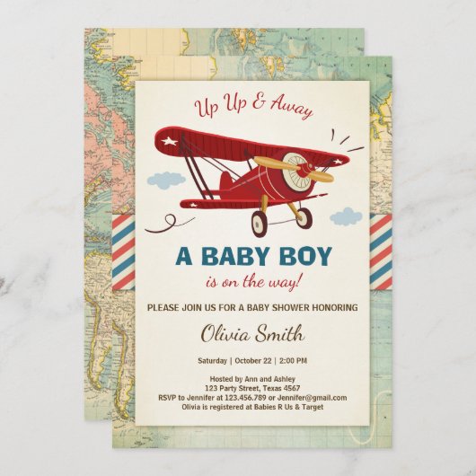 飛行機ベビーシャワー招待状旅行アドベンチャー 招待状 (正面/裏面)