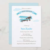 飛行機ベビーシャワー招待状-青と茶 招待状 (正面/裏面)