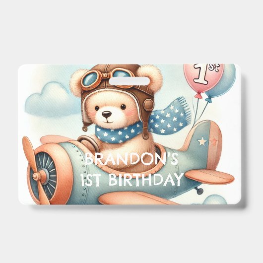 飛行機ボーイベア1歳の誕生日パーティー バッジ (正面)