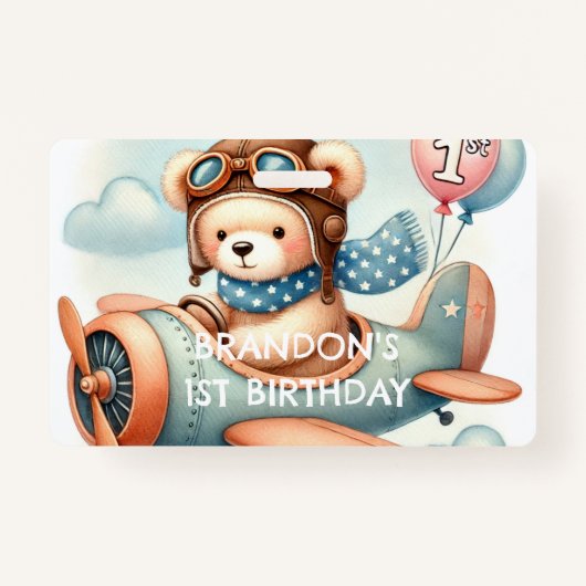 飛行機ボーイベア1歳の誕生日パーティー バッジ (正面)