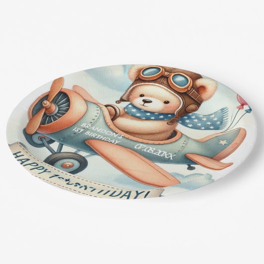 飛行機ボーイベア1歳の誕生日パーティー ペーパープレート (アングル)