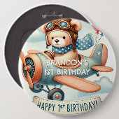 飛行機ボーイベア1歳の誕生日パーティー 缶バッジ (正面&裏面)