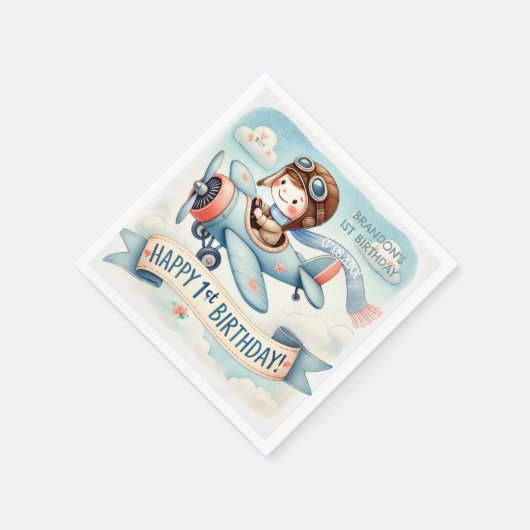 飛行機ボーイ1歳のパーティー スタンダードカクテルナプキン (角)