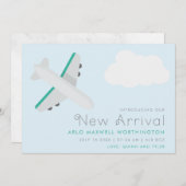 飛行機モダン新着機男の赤ちゃん写真誕生 案内状 (正面/裏面)