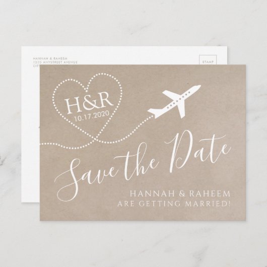 飛行機モノグラムクラフト目的地の結婚式の日付 案内ポストカード (正面/裏面)
