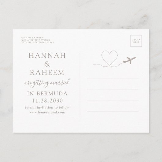 飛行機モノグラムクラフト目的地の結婚式の日付 案内ポストカード (裏面)