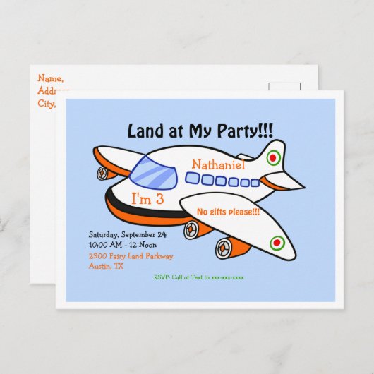 飛行機ランドアットマイ誕生日ブルーパーティの招待状 インビテーションポストカード (正面/裏面)