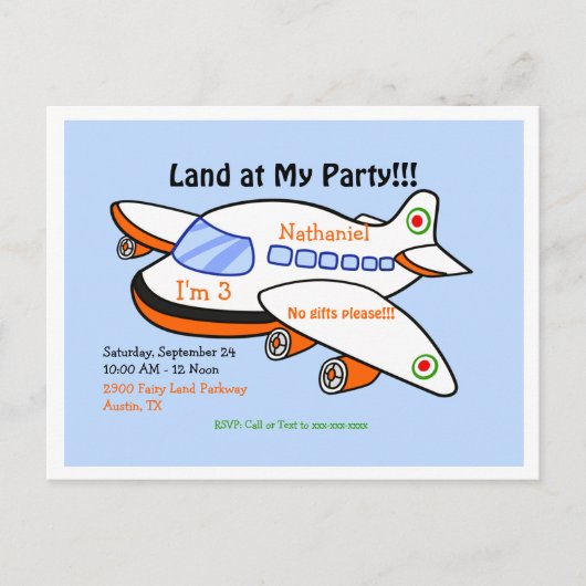 飛行機ランドアットマイ誕生日ブルーパーティの招待状 インビテーションポストカード (正面)