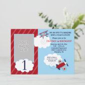 飛行機リトルアビエーターレッド&ネービーフォト誕生日 招待状 (スタンド正面)