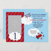 飛行機リトルアビエーターレッド&ネービーフォト誕生日 招待状 (正面/裏面)