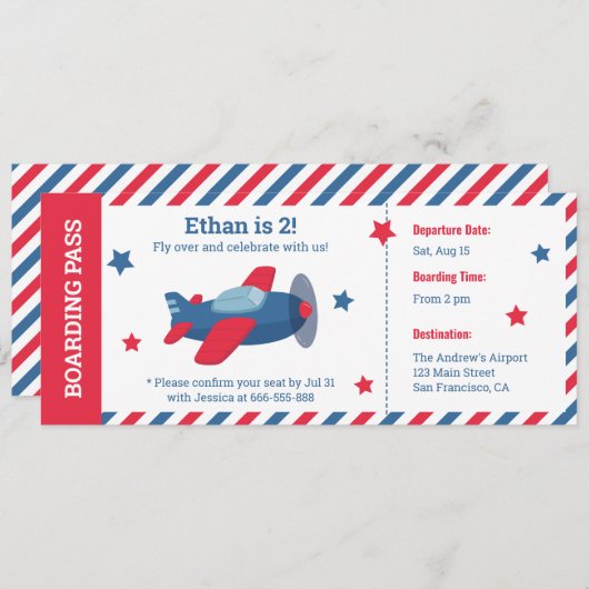 飛行機搭乗パスストライプズボーイズバースデーパーティー 招待状 (正面/裏面)