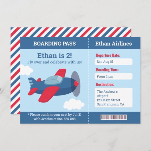 飛行機搭乗パスボーイズ誕生パーティーが招待 招待状 (正面/裏面)
