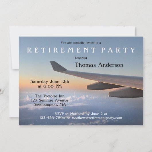 飛行機旅行をテーマにした退職パーティの招待状 招待状 (正面)