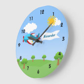 飛行機旗の男の子の柱時計 ラージ壁時計 (傾斜)