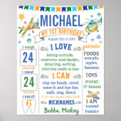 飛行機男の子のための最初の誕生日ボード ポスター (正面)