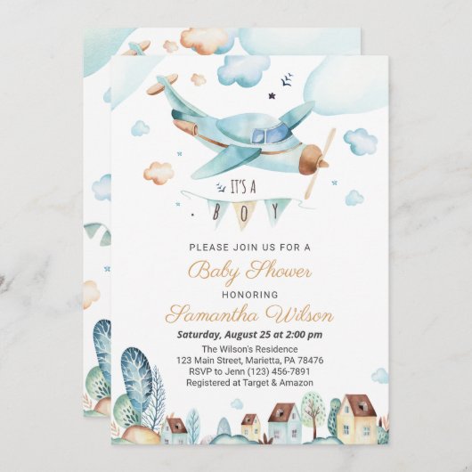 飛行機男の子の赤ちゃんシャワー招待状 招待状 (正面/裏面)