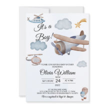 飛行機男の子の赤ちゃんシャワー招待状