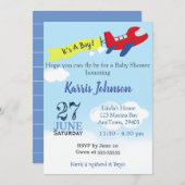 飛行機男の赤ちゃんシャワー招待状スカイブルー 招待状 (正面/裏面)